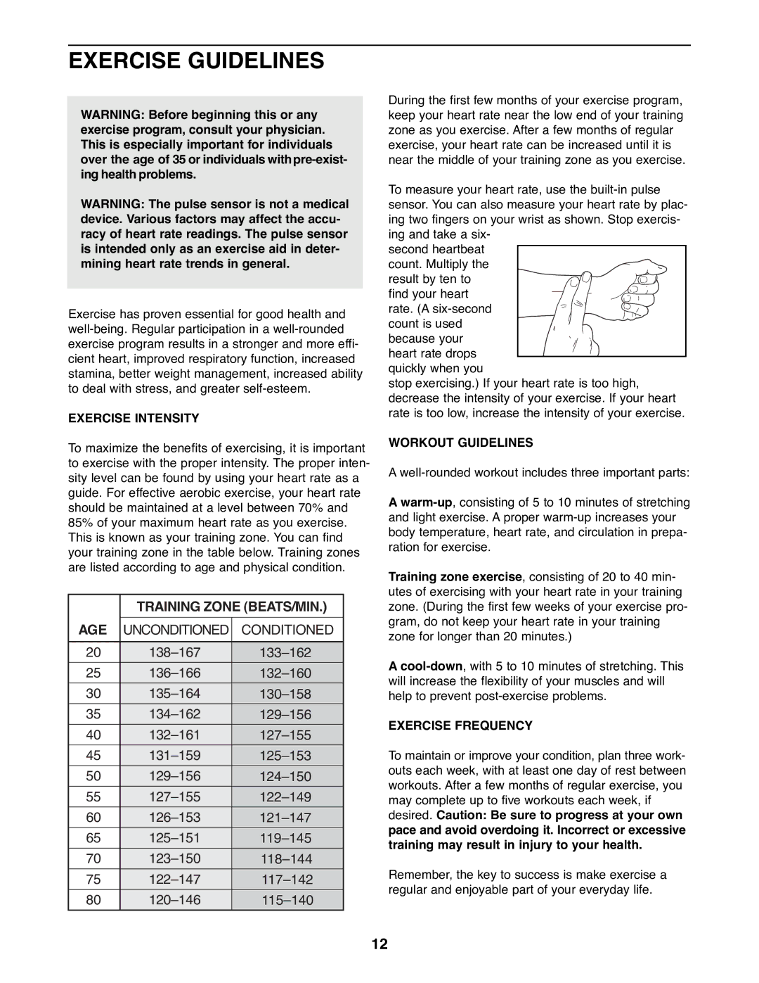 Image IMEX35080 manual Exercise Guidelines, Exercise Intensity, Workout Guidelines, Exercise Frequency 