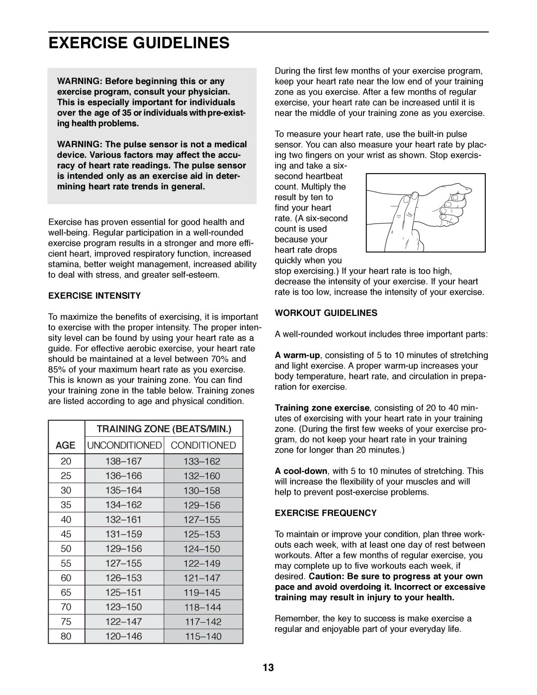 Image IMEX36580 manual Exercise Guidelines, Exercise Intensity, Workout Guidelines, Exercise Frequency 