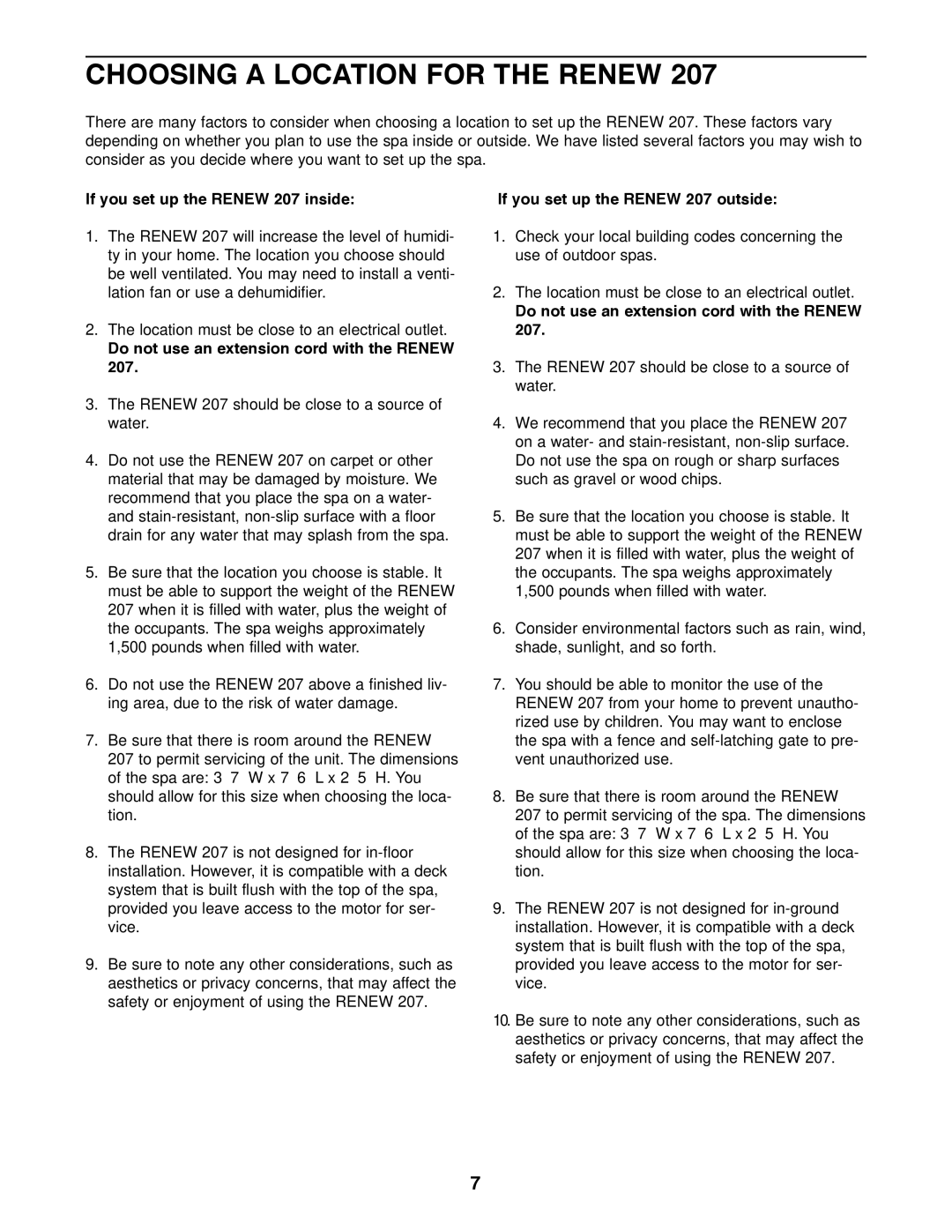 Image IMHS20701 Choosing a Location for the Renew, If you set up the Renew 207 inside, If you set up the Renew 207 outside 