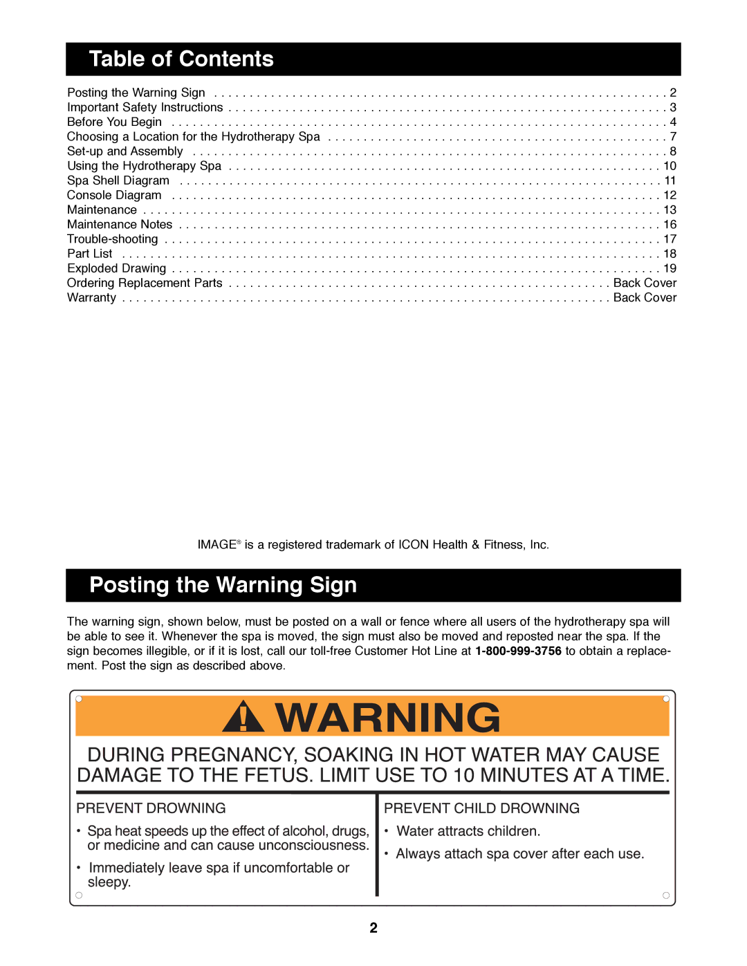 Image IMHS40090 manual Table of Contents, Posting the Warning Sign 