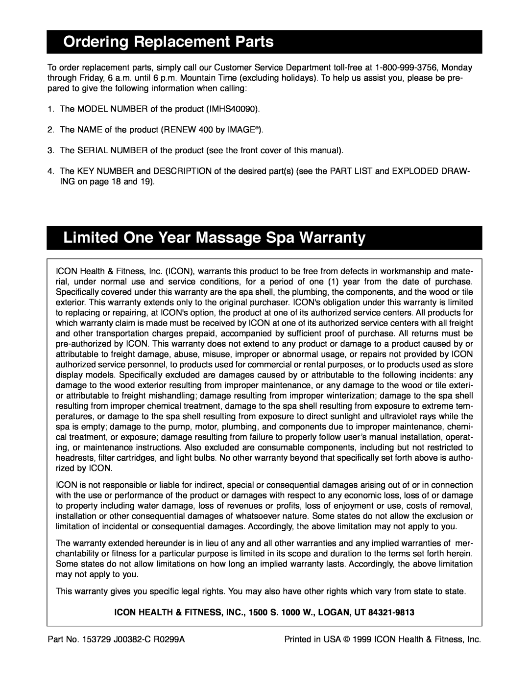Image IMHS40090 manual Ordering Replacement Parts, Limited One Year Massage Spa Warranty 
