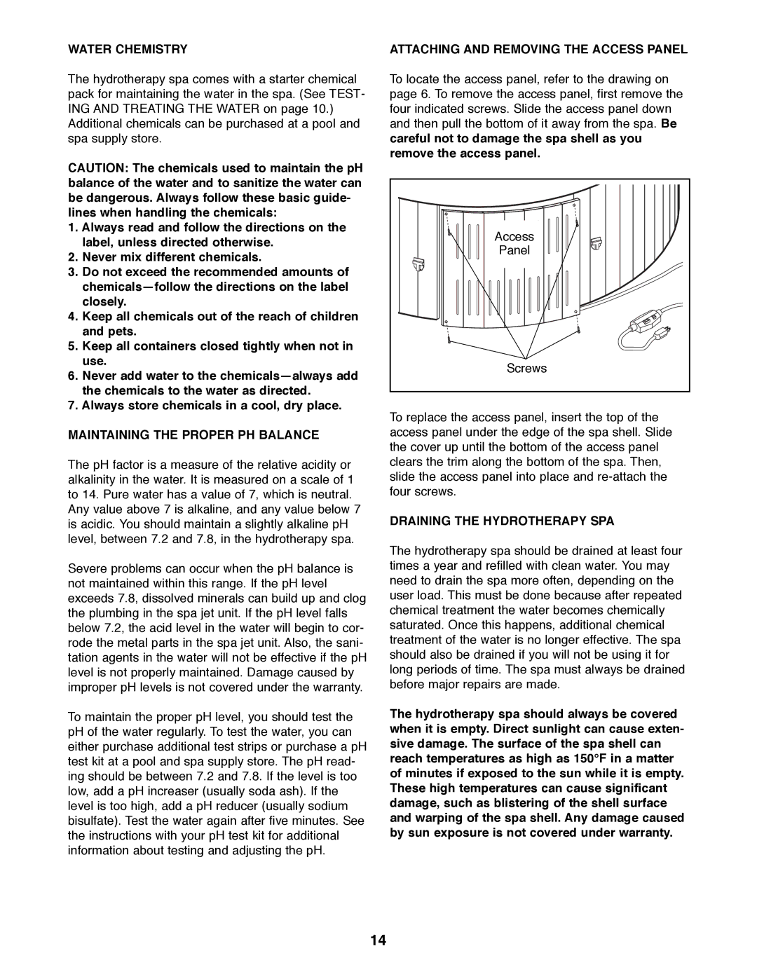 Image IMHS45590 manual Water Chemistry, Maintaining the Proper PH Balance, Attaching and Removing the Access Panel 