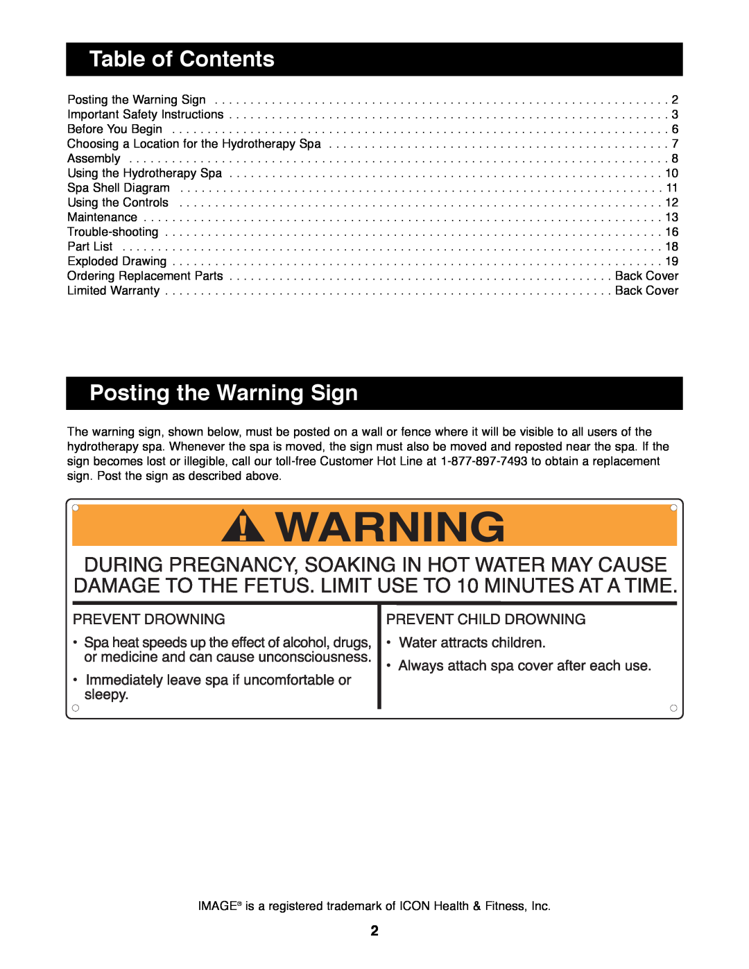 Image IMHS45590 manual Table of Contents, Posting the Warning Sign 