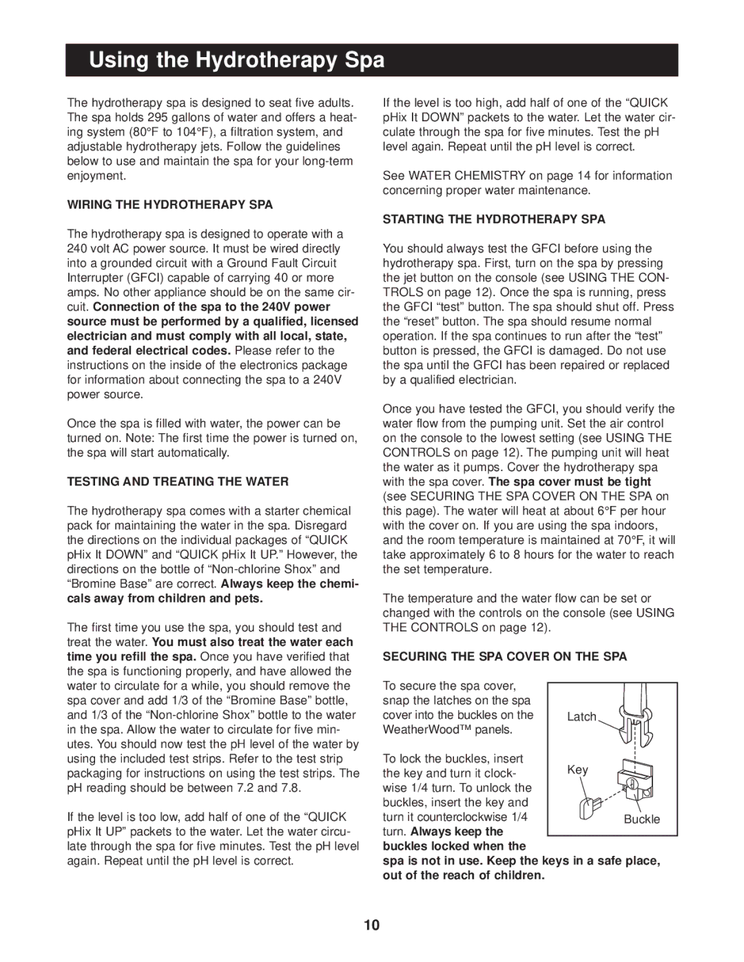 Image IMHS63100 user manual Using the Hydrotherapy Spa, Wiring the Hydrotherapy SPA, Testing and Treating the Water 