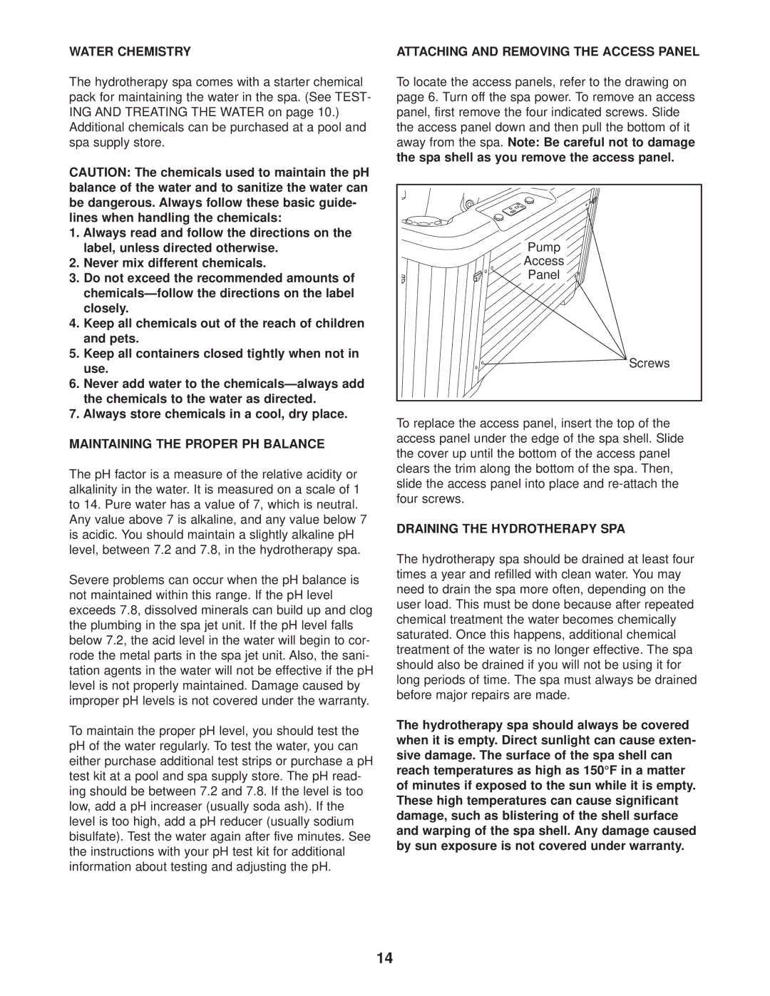 Image IMHS63100 user manual Water Chemistry, Maintaining the Proper PH Balance, Attaching and Removing the Access Panel 