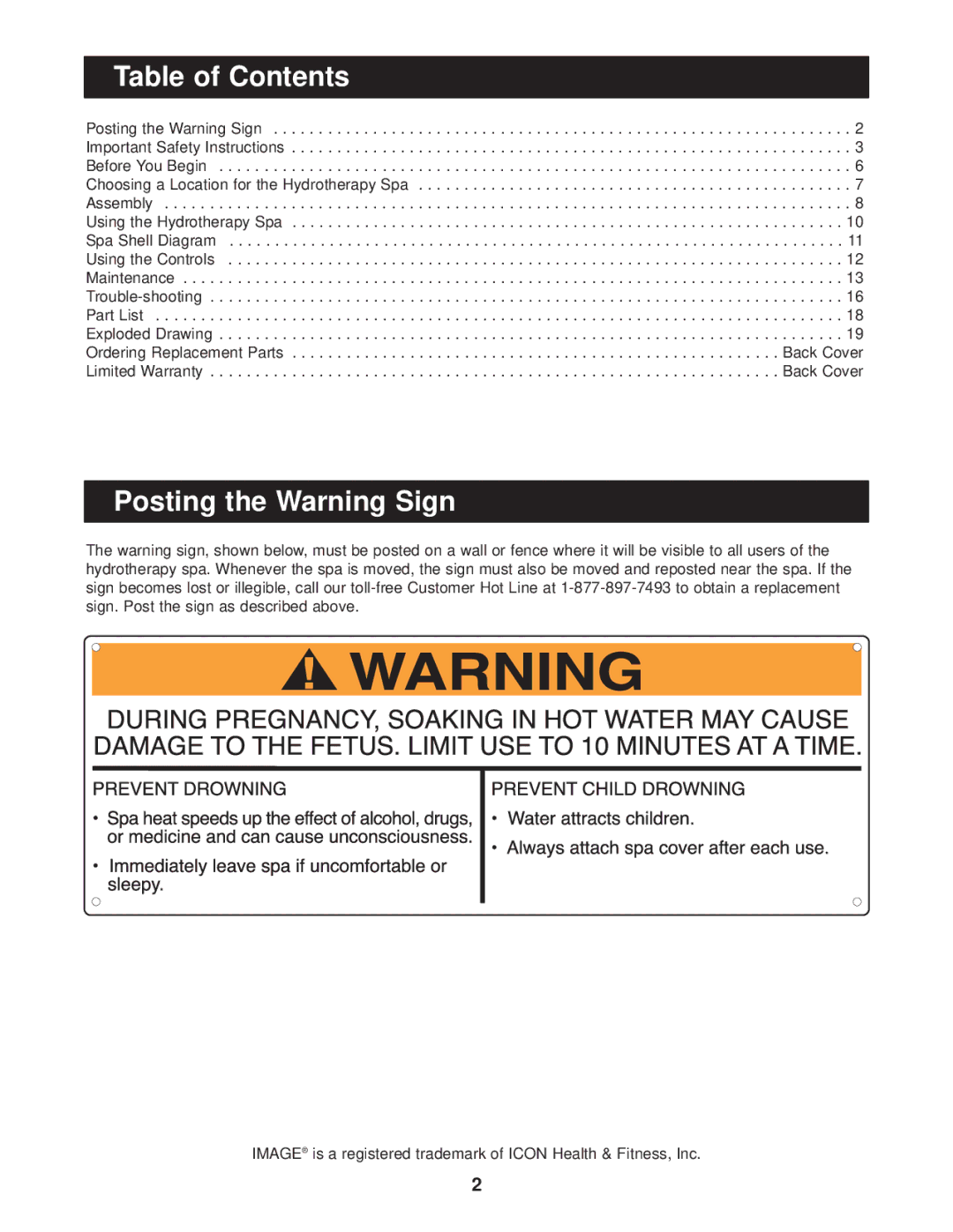 Image IMHS63100 user manual Table of Contents, Posting the Warning Sign 