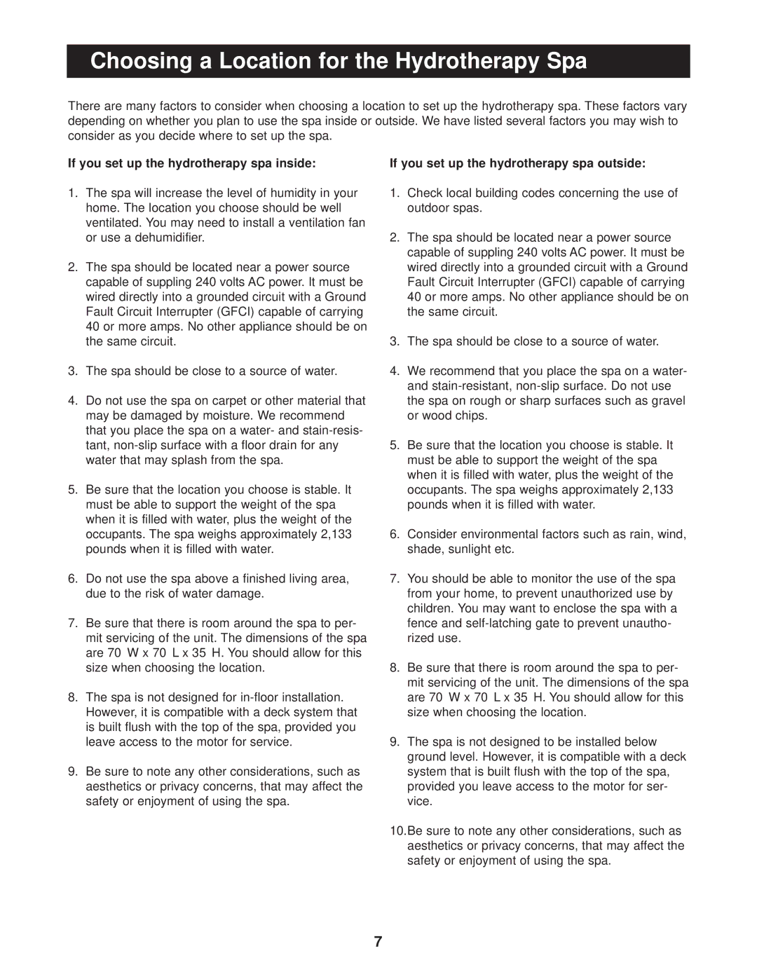 Image IMHS63100 user manual Choosing a Location for the Hydrotherapy Spa, If you set up the hydrotherapy spa inside 