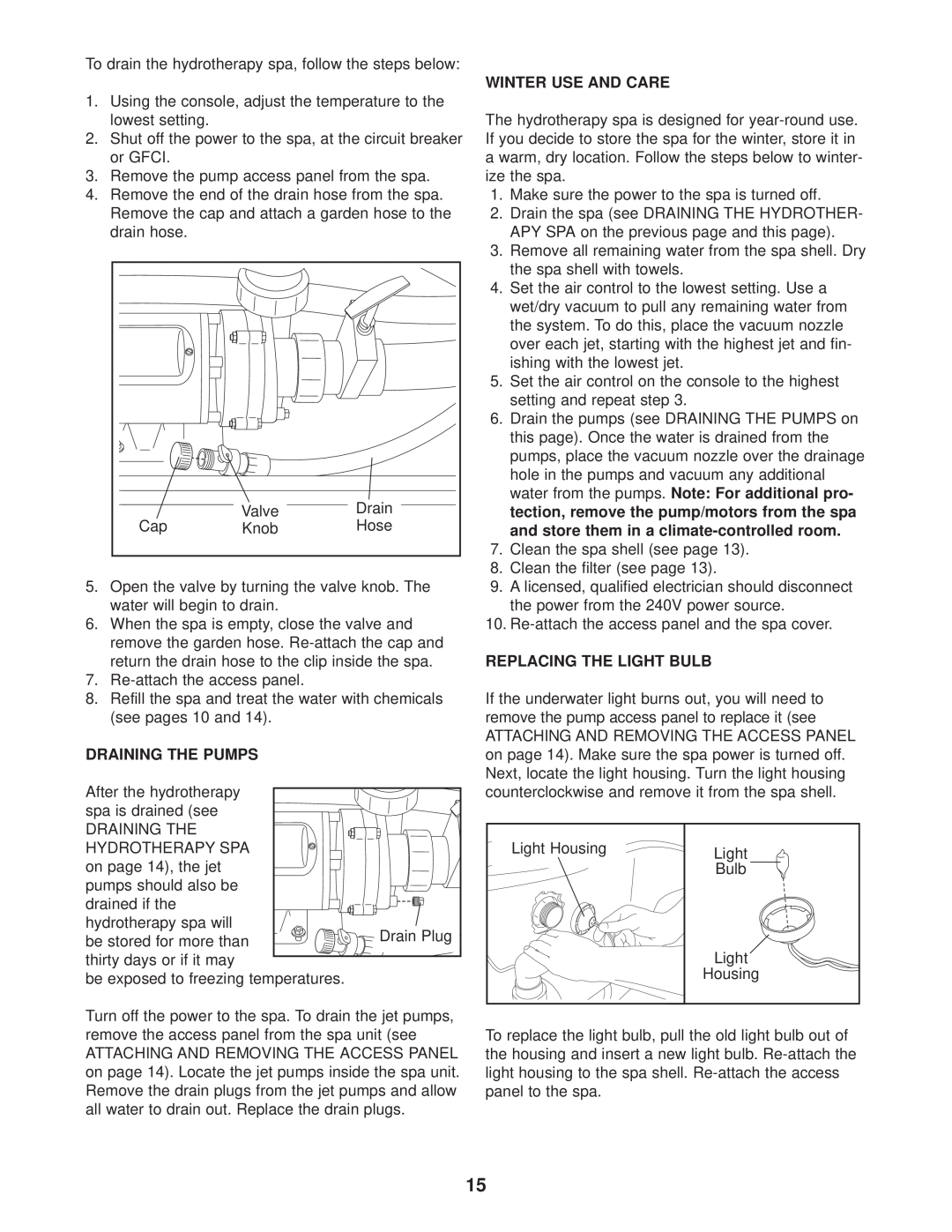 Image IMHS63100 user manual Draining The Pumps, Winter Use And Care, Replacing The Light Bulb 