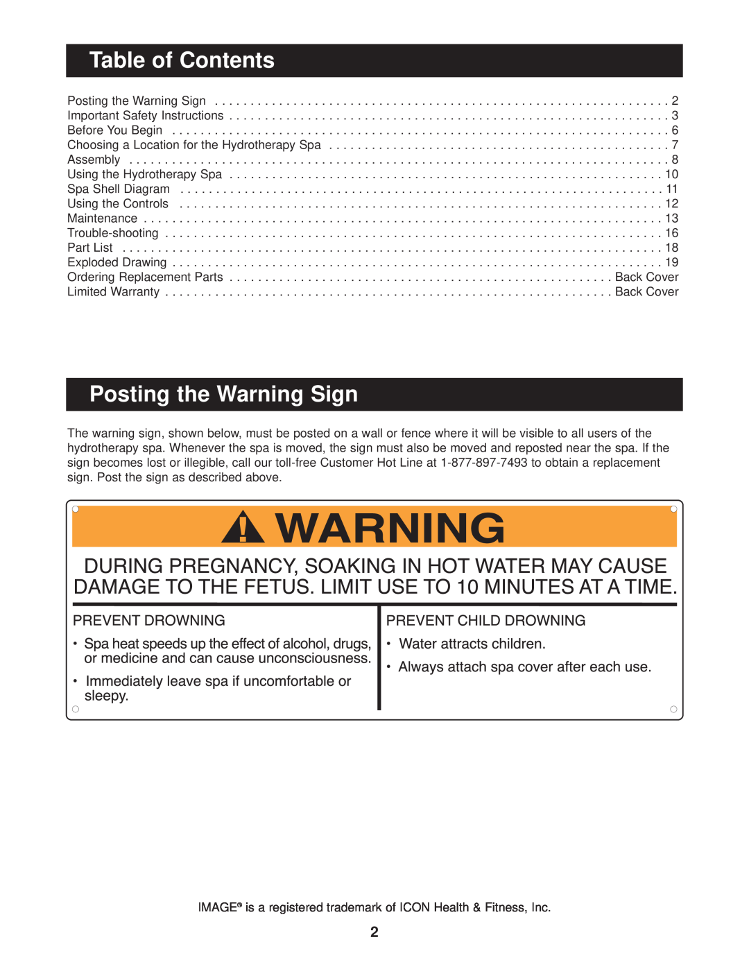 Image IMHS63100 Table of Contents, Posting the Warning Sign, IMAGE is a registered trademark of ICON Health & Fitness, Inc 
