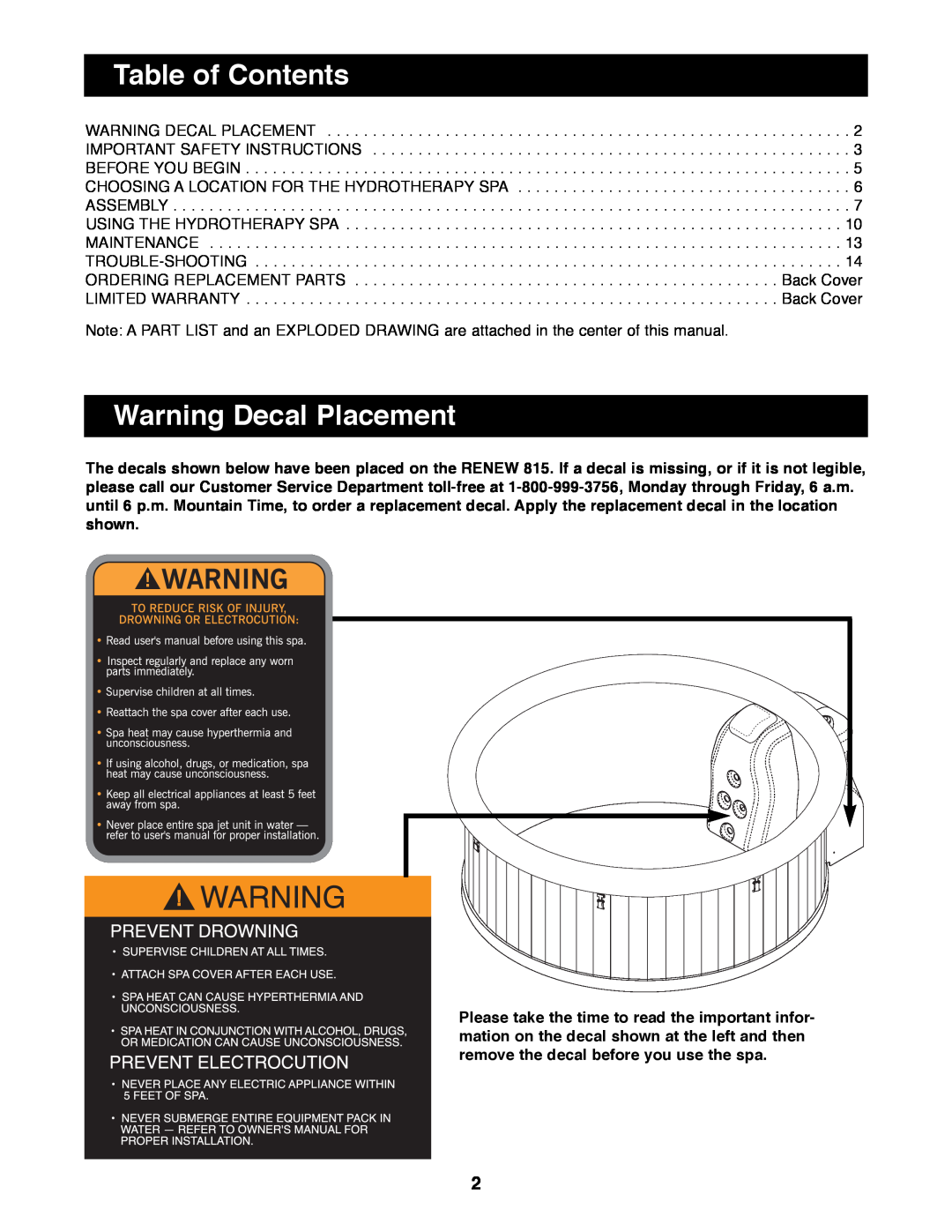 Image IMHS81590 manual Table of Contents, Warning Decal Placement 