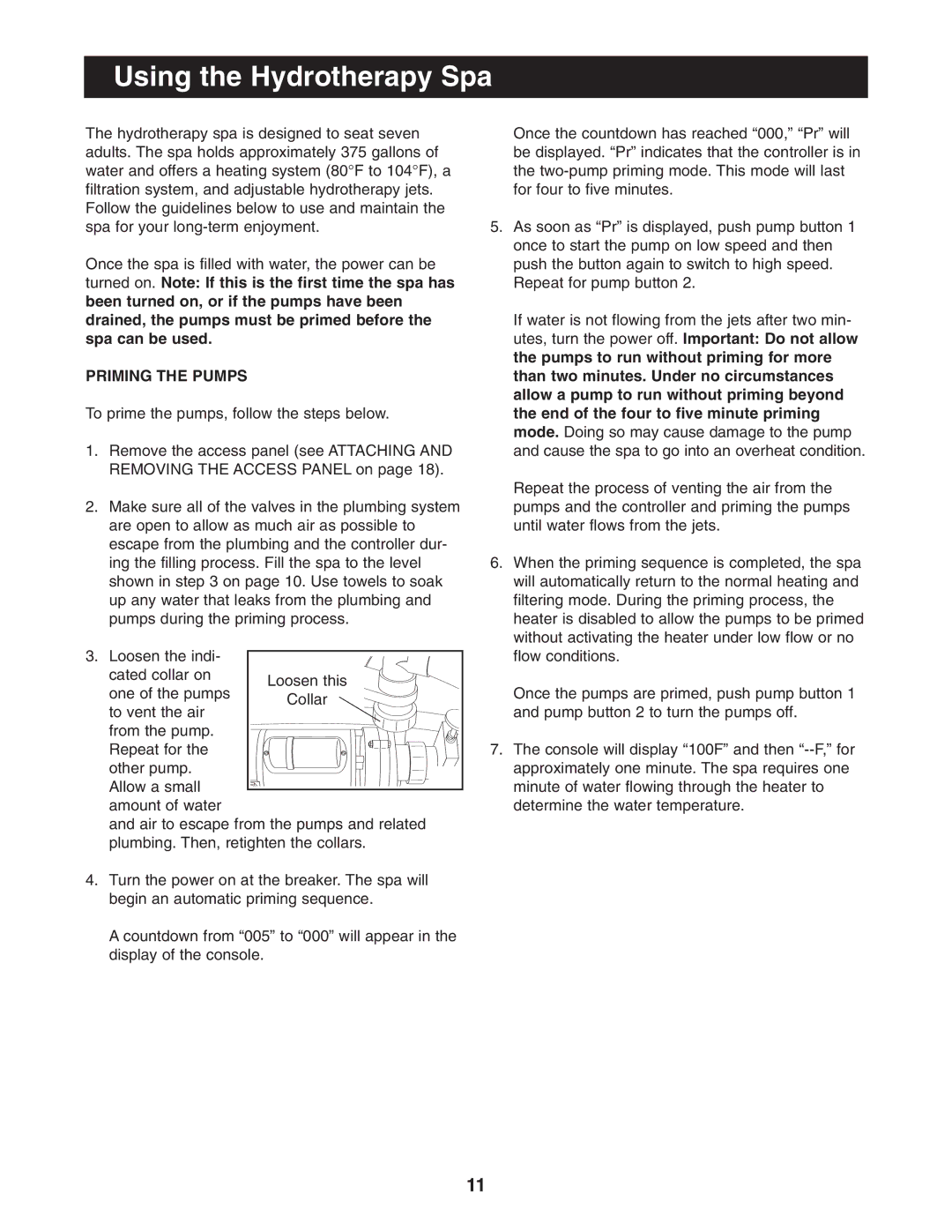 Image IMSB53950 user manual Using the Hydrotherapy Spa, Priming the Pumps 