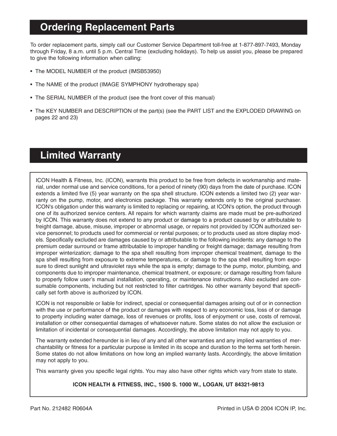 Image IMSB53950 user manual Ordering Replacement Parts, Limited Warranty, Icon Health & FITNESS, INC., 1500 S W., LOGAN, UT 