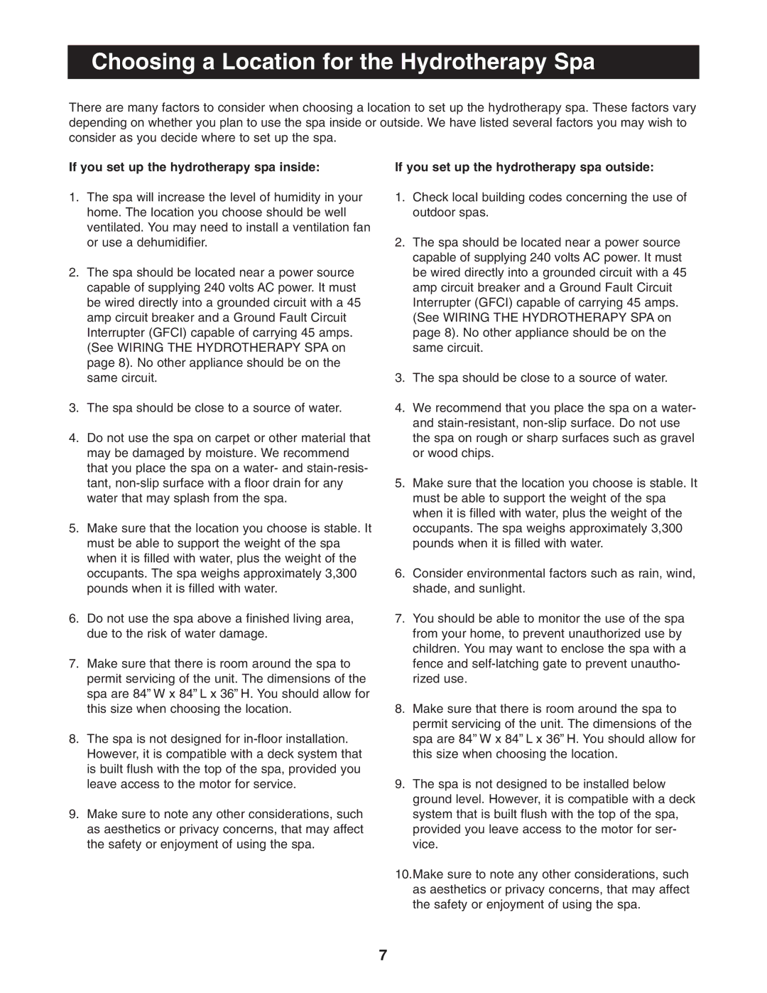 Image IMSB53950 user manual Choosing a Location for the Hydrotherapy Spa, If you set up the hydrotherapy spa inside 