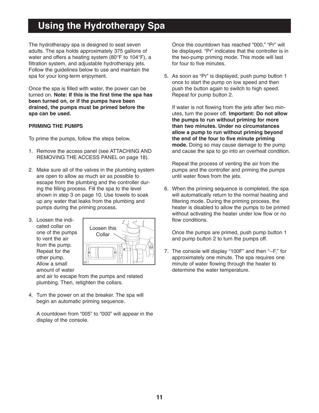 Image IMSB53950 user manual Using the Hydrotherapy Spa, Priming The Pumps 