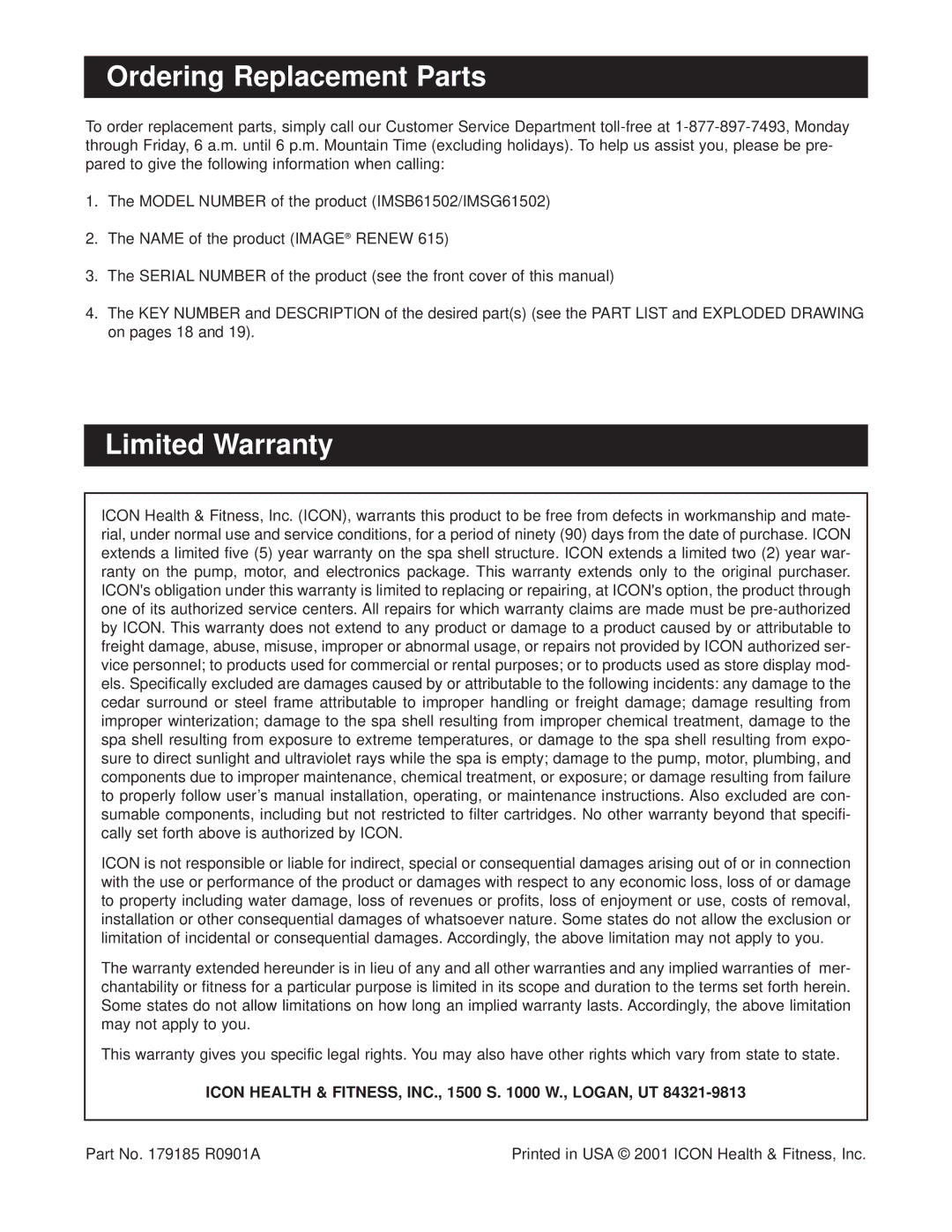 Image IMSB61502, IMSG61502 Ordering Replacement Parts, Limited Warranty, Icon Health & FITNESS, INC., 1500 S W., LOGAN, UT 