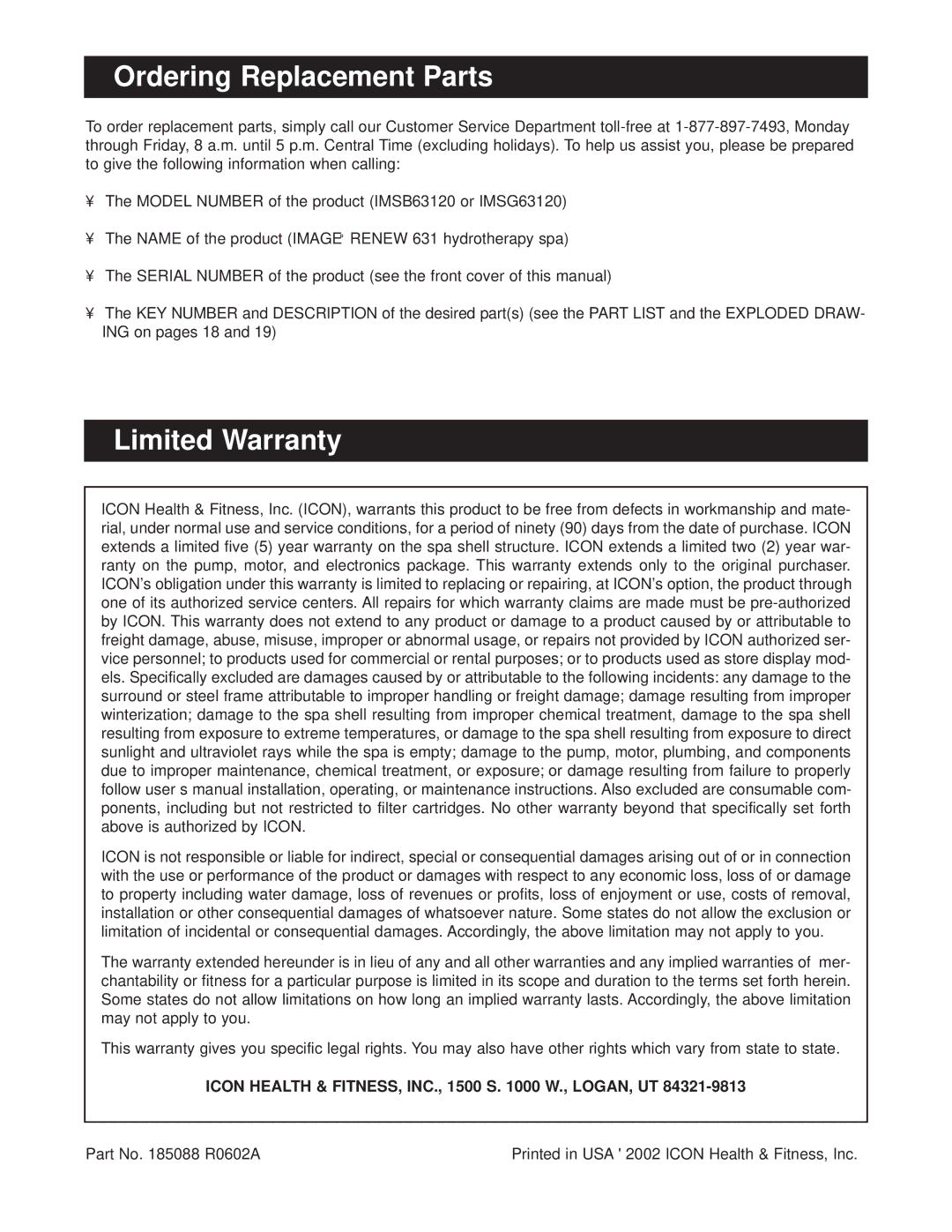 Image IMSB63120, IMSG63120 Ordering Replacement Parts, Limited Warranty, Icon Health & FITNESS, INC., 1500 S W., LOGAN, UT 