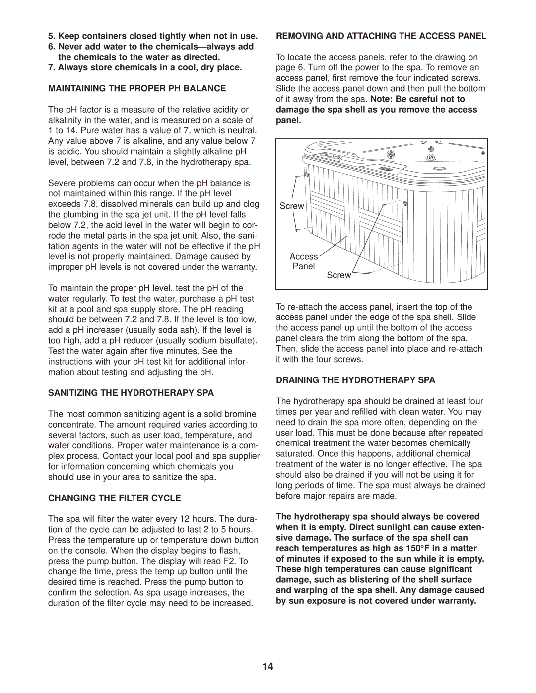 Image IMSG62820, IMSB62820 Maintaining the Proper PH Balance, Sanitizing the Hydrotherapy SPA, Changing the Filter Cycle 