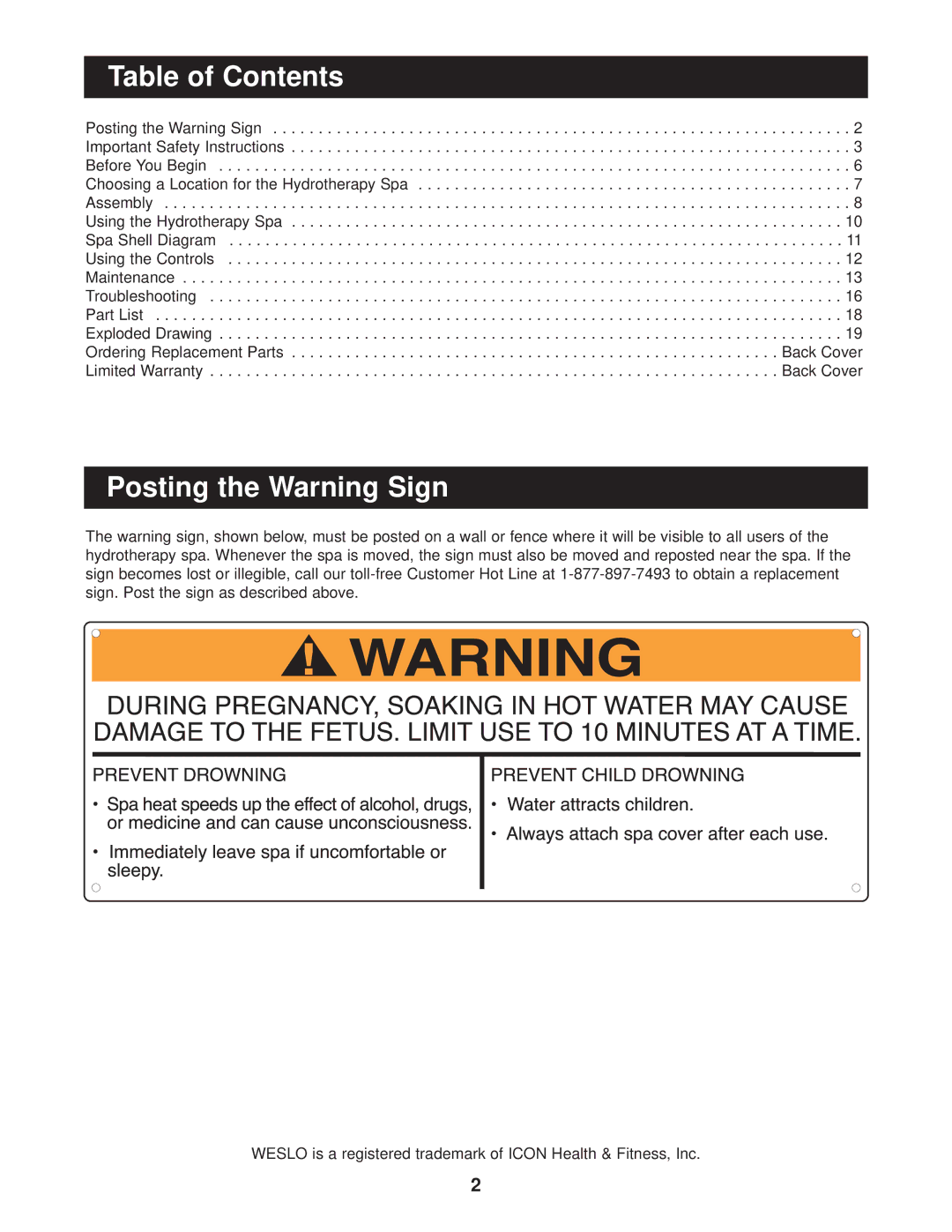 Image IMSG62820, IMSB62820 user manual Table of Contents, Posting the Warning Sign 