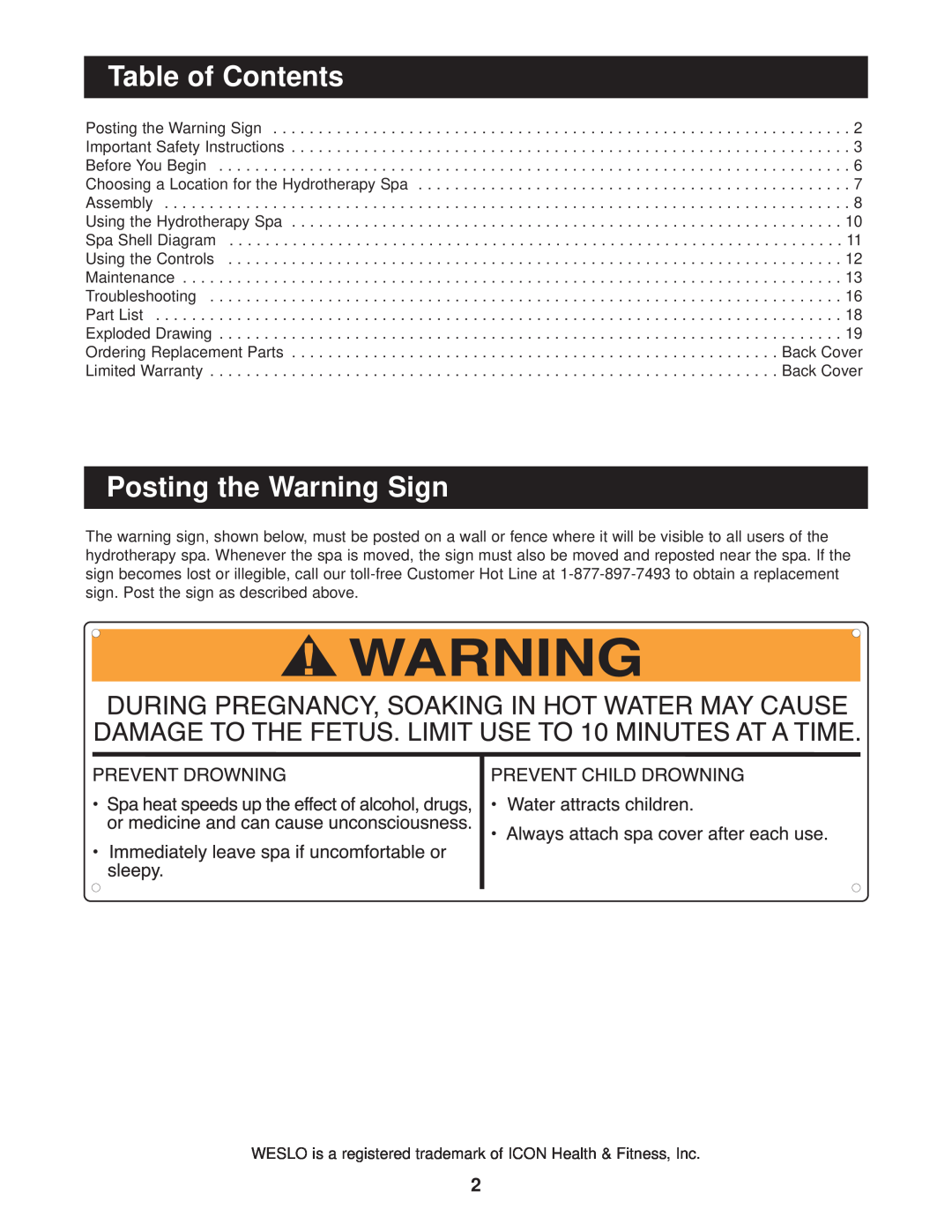 Image IMSG62820 Table of Contents, Posting the Warning Sign, WESLO is a registered trademark of ICON Health & Fitness, Inc 