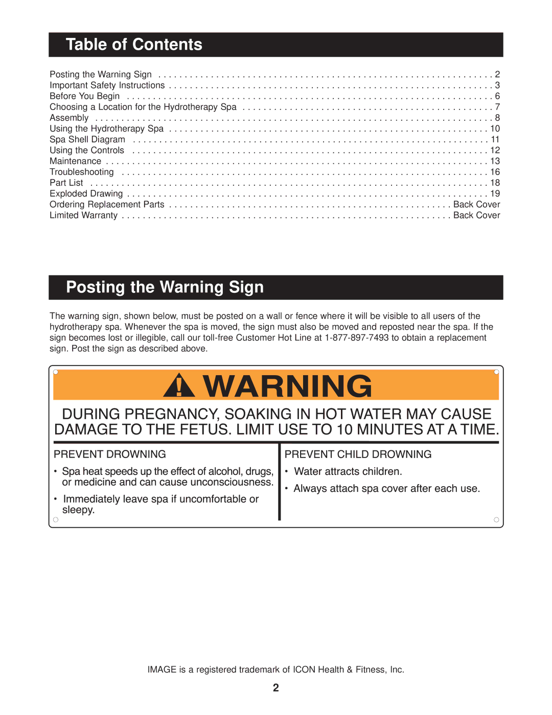 Image IMSG73911, IMSB73911 user manual Table of Contents, Posting the Warning Sign 