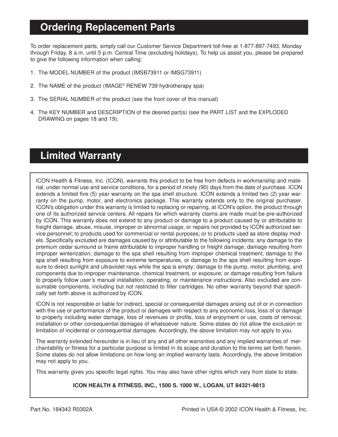 Image IMSG73911, IMSB73911 Ordering Replacement Parts, Limited Warranty, Icon Health & FITNESS, INC., 1500 S W., LOGAN, UT 