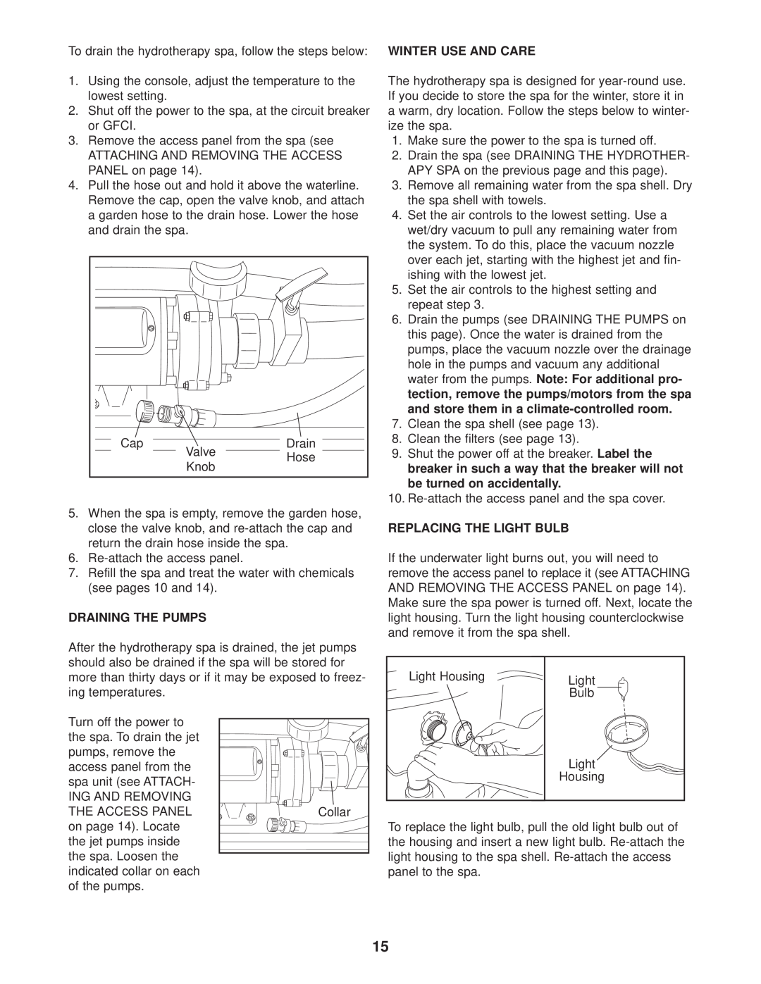 Image IMSB73911, IMSG73911 user manual Draining The Pumps, Replacing The Light Bulb 