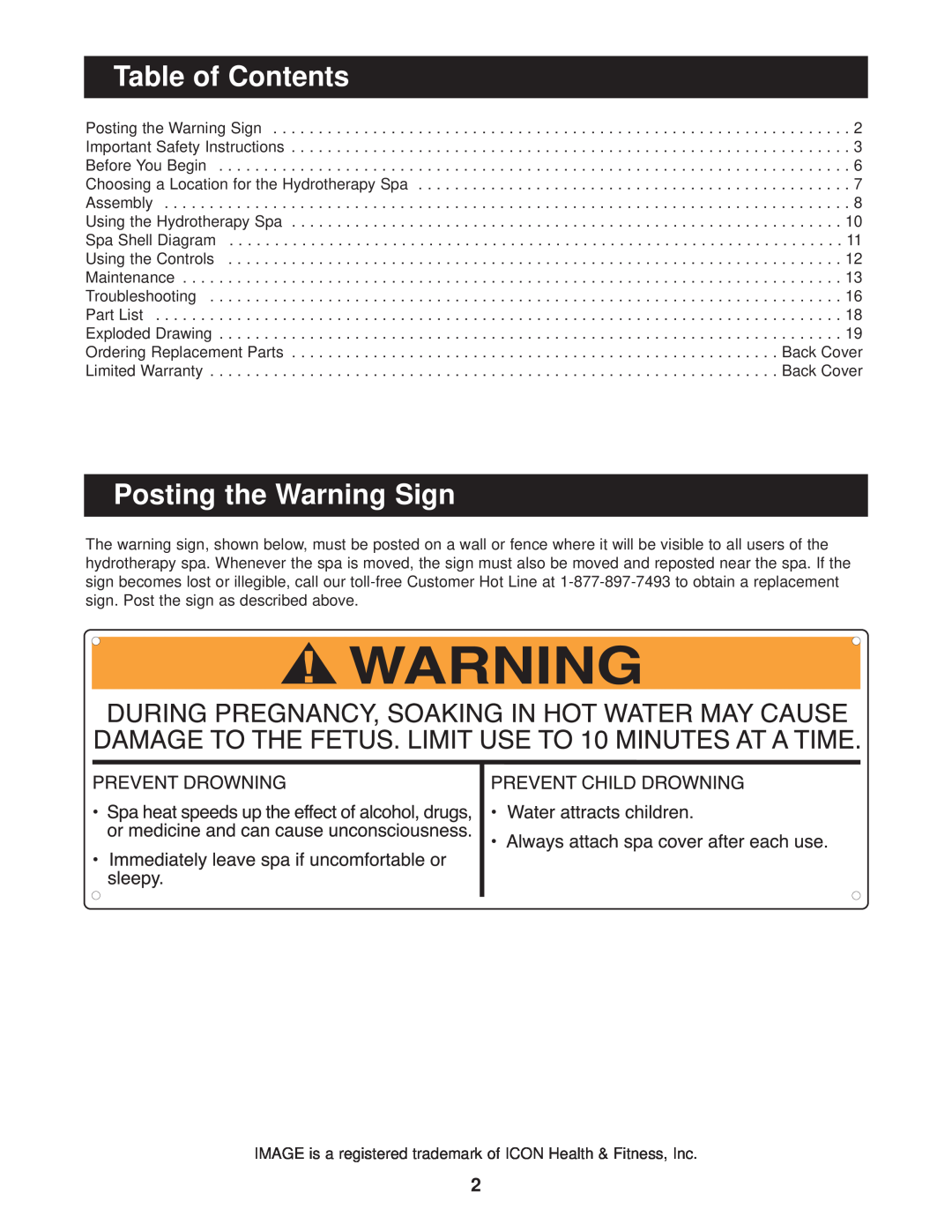 Image IMSG73911 Table of Contents, Posting the Warning Sign, IMAGE is a registered trademark of ICON Health & Fitness, Inc 