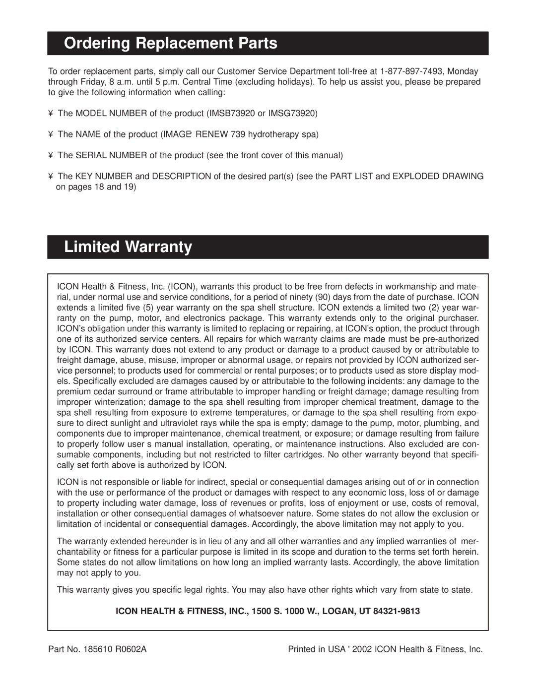 Image IMSG73920, IMSB73920 Ordering Replacement Parts, Limited Warranty, Icon Health & FITNESS, INC., 1500 S W., LOGAN, UT 