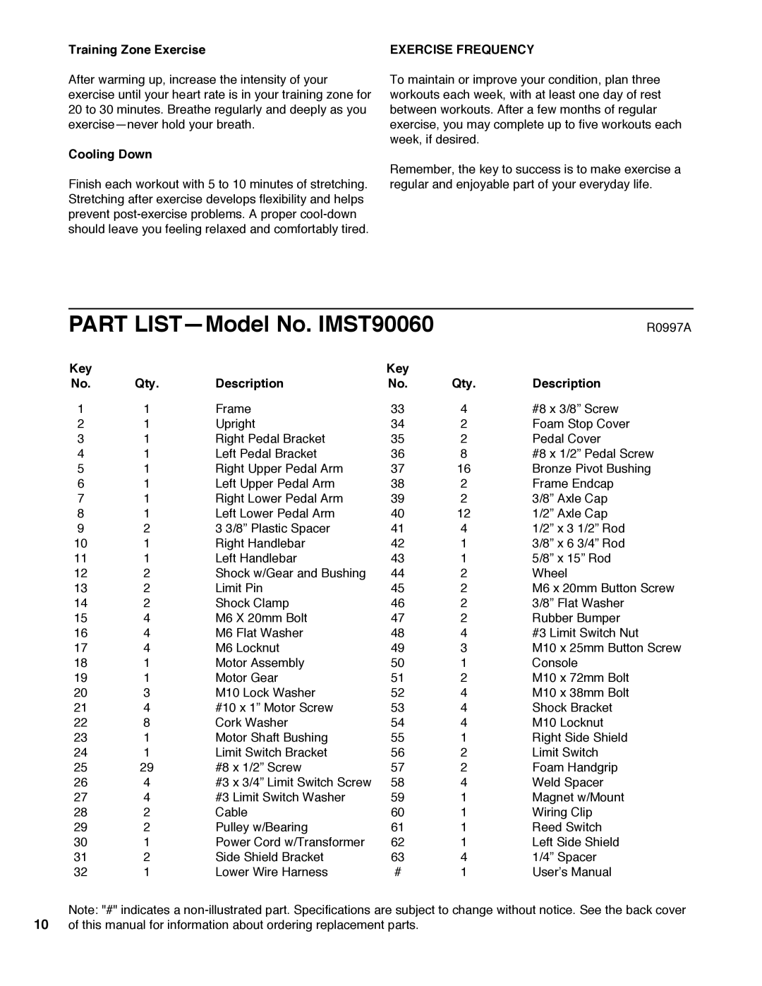 Image IMST90060 user manual Training Zone Exercise, Exercise Frequency, Cooling Down, Key Qty Description 