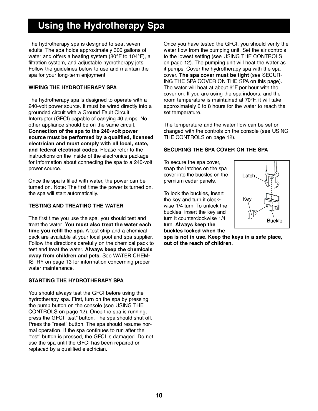 Image IMSW73910 user manual Using the Hydrotherapy Spa, Wiring the Hydrotherapy SPA, Testing and Treating the Water 