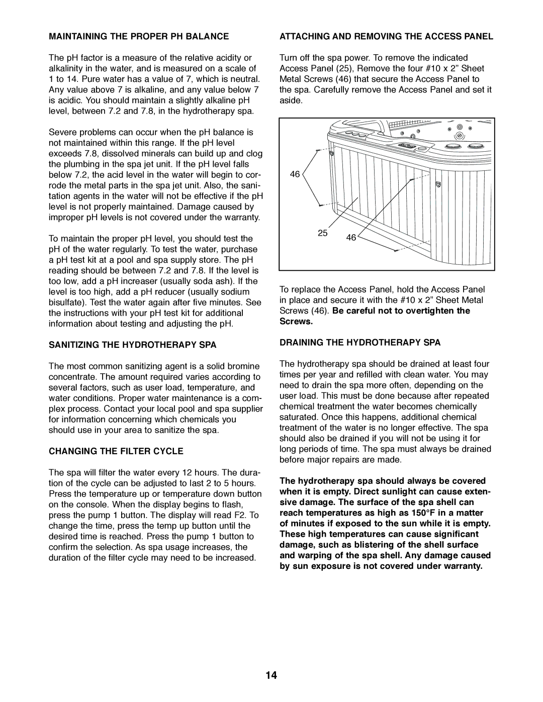 Image IMSW73910 user manual Maintaining the Proper PH Balance, Sanitizing the Hydrotherapy SPA, Changing the Filter Cycle 