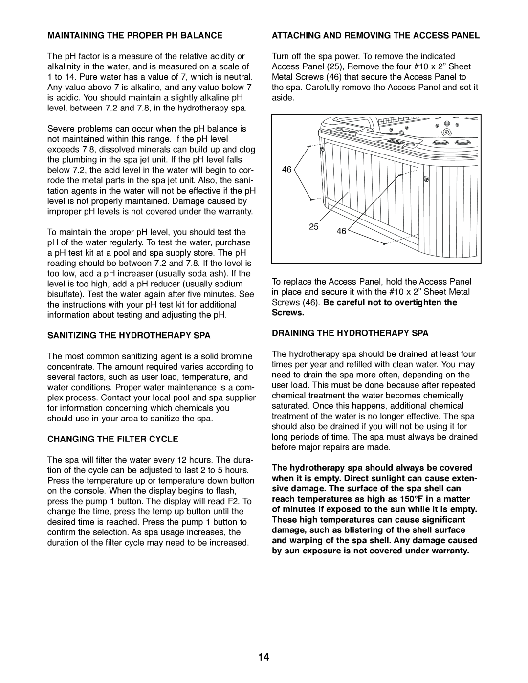 Image IMSW73910 user manual Maintaining The Proper Ph Balance, Sanitizing The Hydrotherapy Spa, Changing The Filter Cycle 