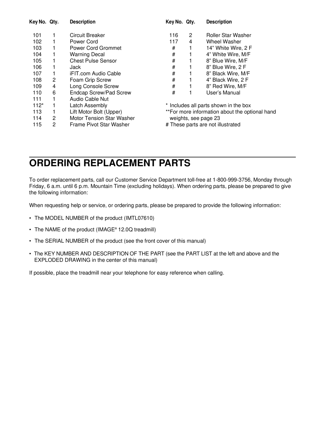 Image IMTL07610 user manual Ordering Replacement Parts 