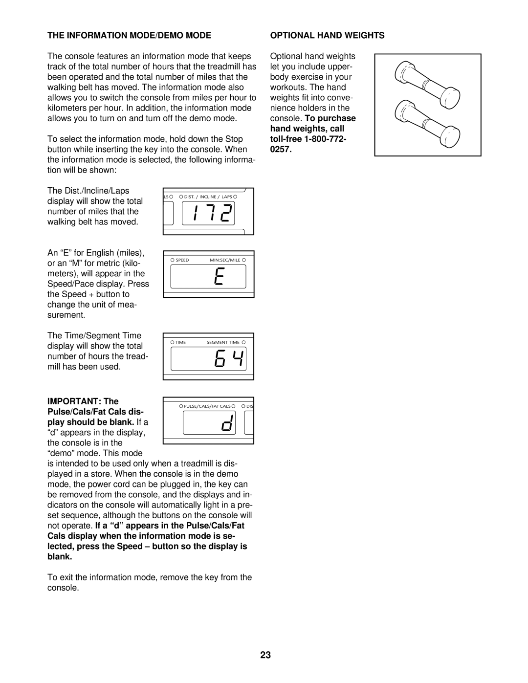 Image IMTL07611 user manual Information MODE/DEMO Mode, Optional Hand Weights 