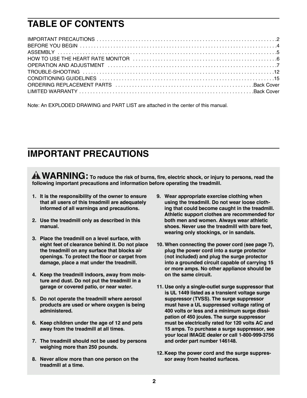 Image IMTL07800 user manual Table of Contents, Important Precautions 