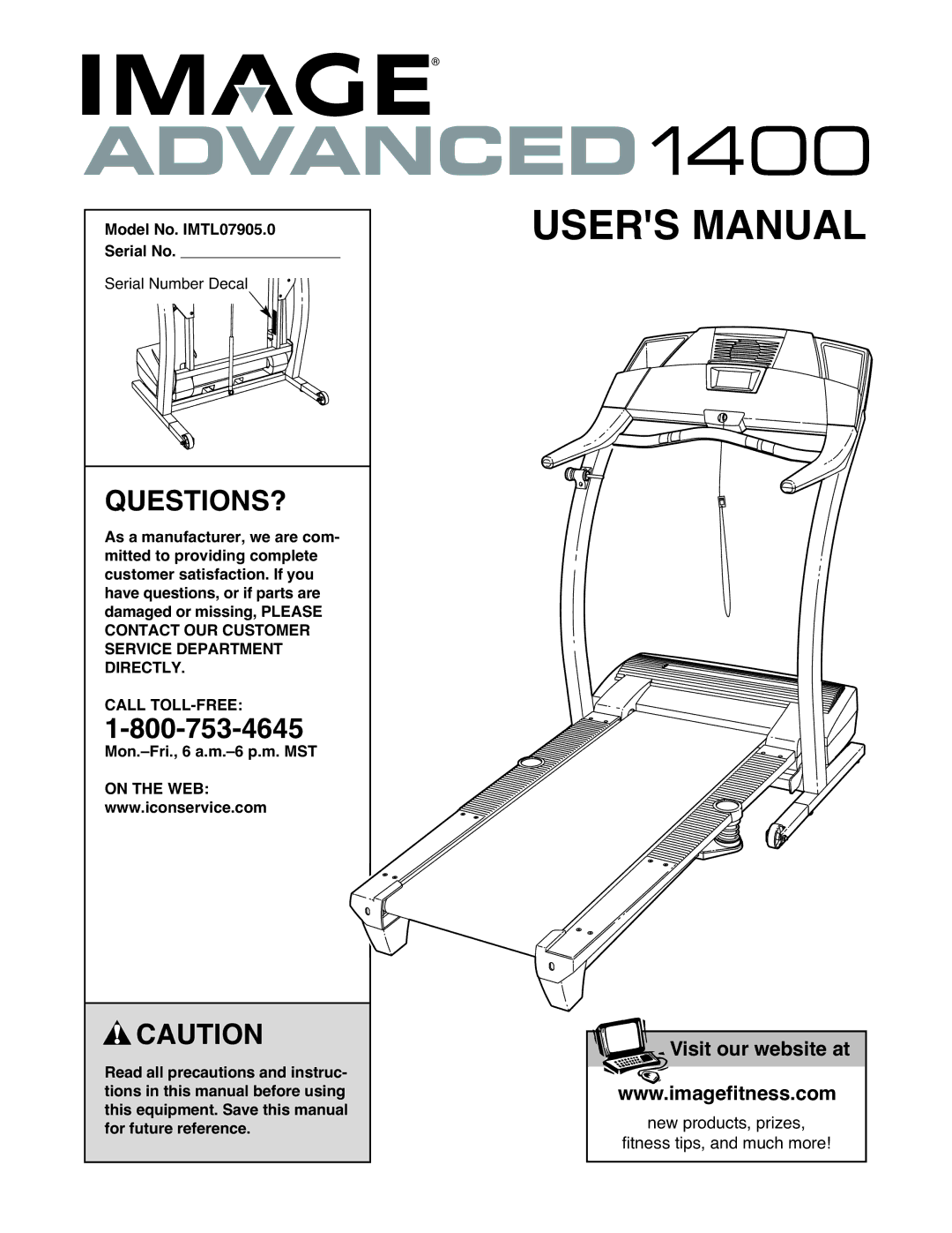 Image user manual Questions?, Model No. IMTL07905.0 Serial No 