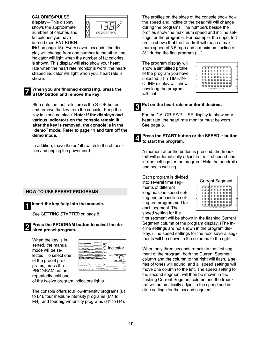 Image IMTL11900 Calories/Pulse, Stop button and remove the key, HOW to USE Preset Programs, To start the program 