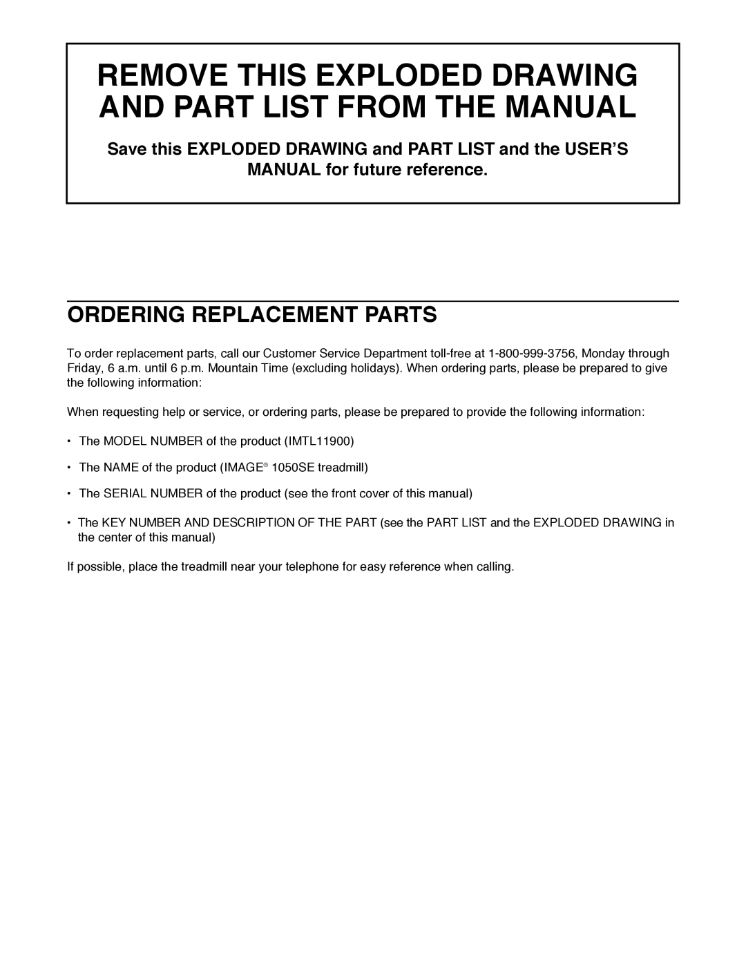 Image IMTL11900 user manual Remove this Exploded Drawing and Part List from the Manual, Ordering Replacement Parts 