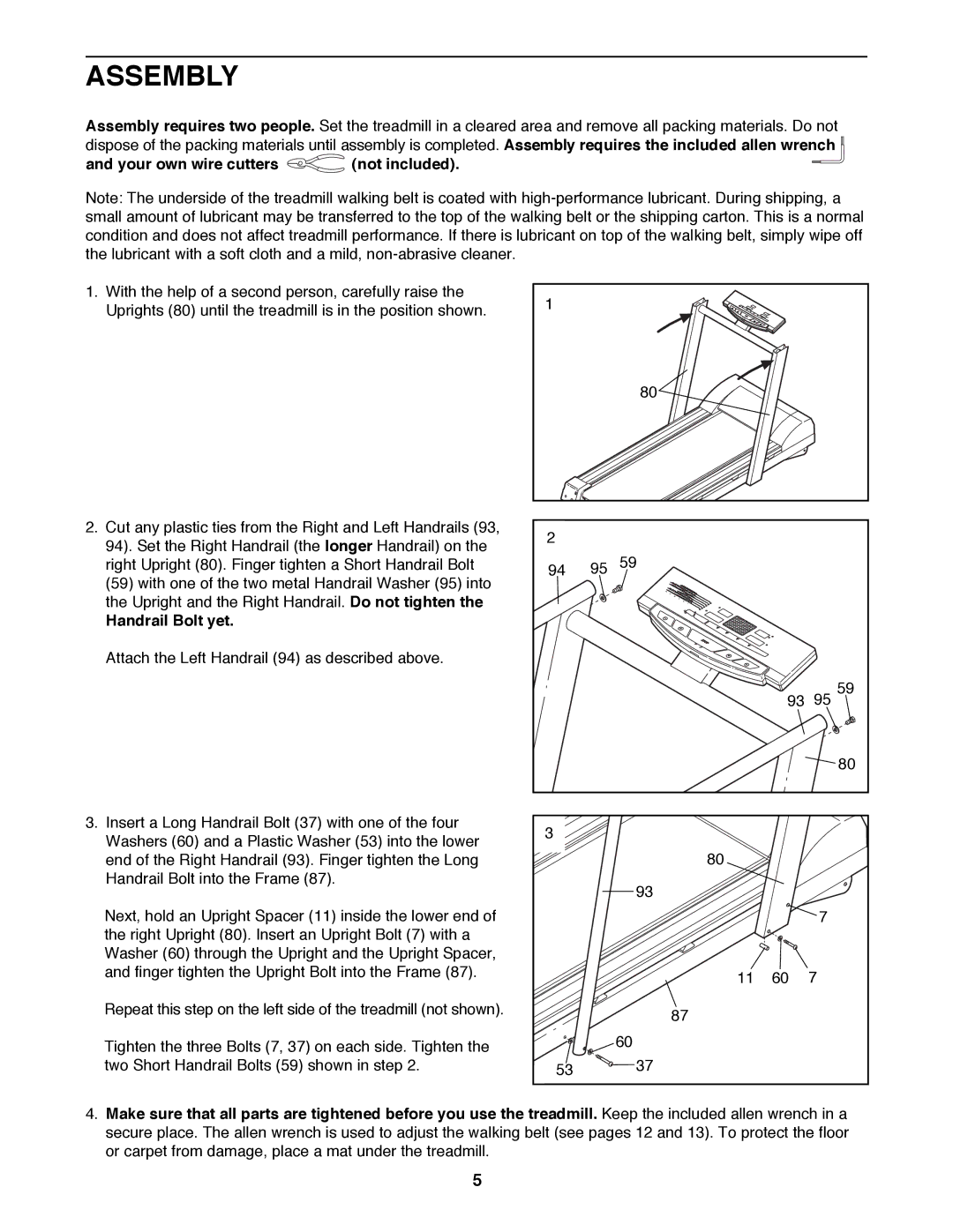 Image IMTL11900 user manual Assembly, Your own wire cutters not included, Handrail Bolt yet 