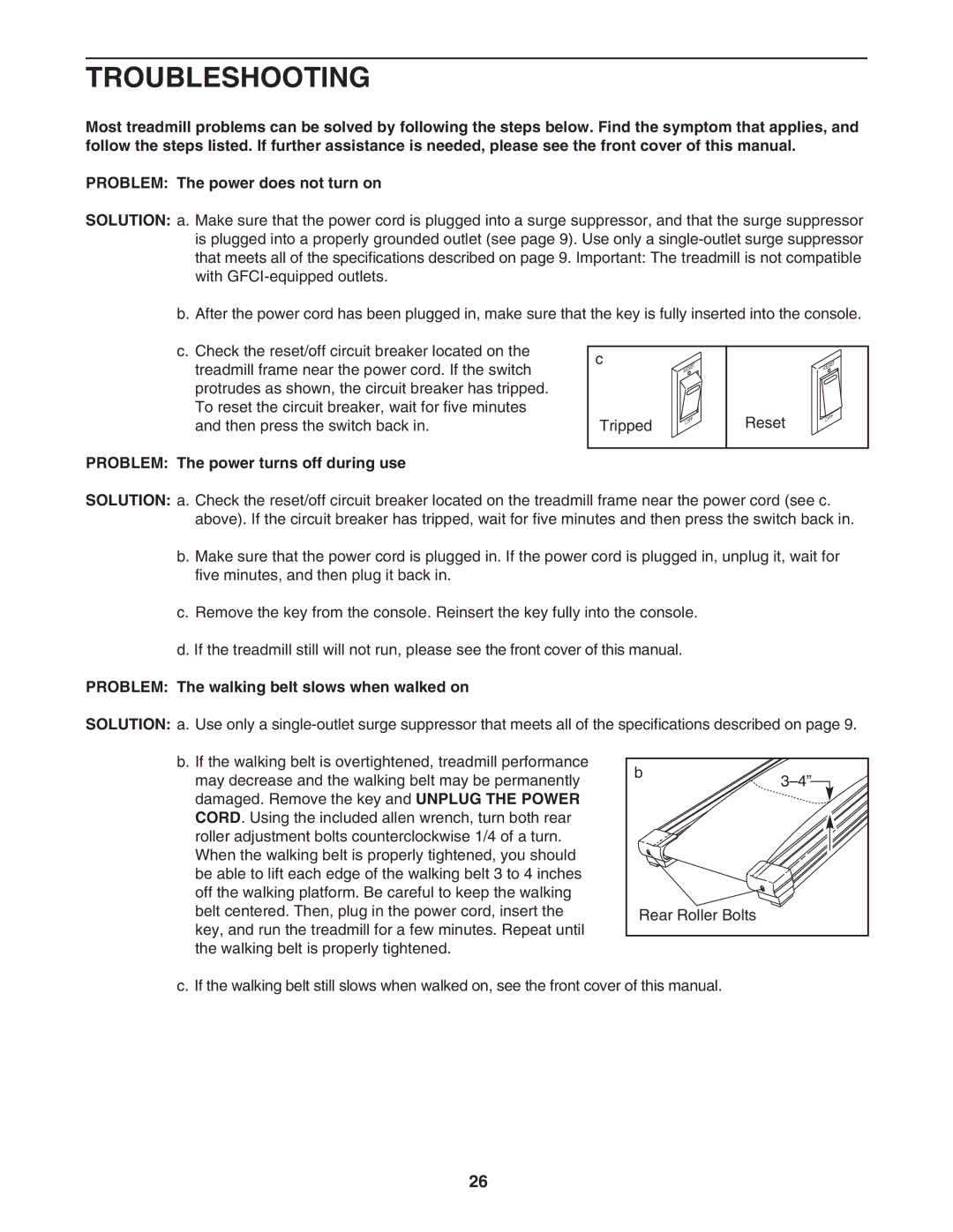 Image IMTL11905 Troubleshooting, Problem The power turns off during use, Problem The walking belt slows when walked on 