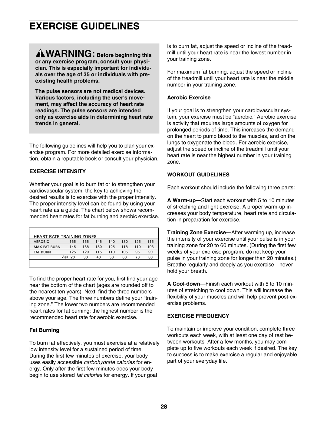 Image IMTL11905 user manual Exercise Guidelines, Exercise Intensity, Workout Guidelines, Exercise Frequency 