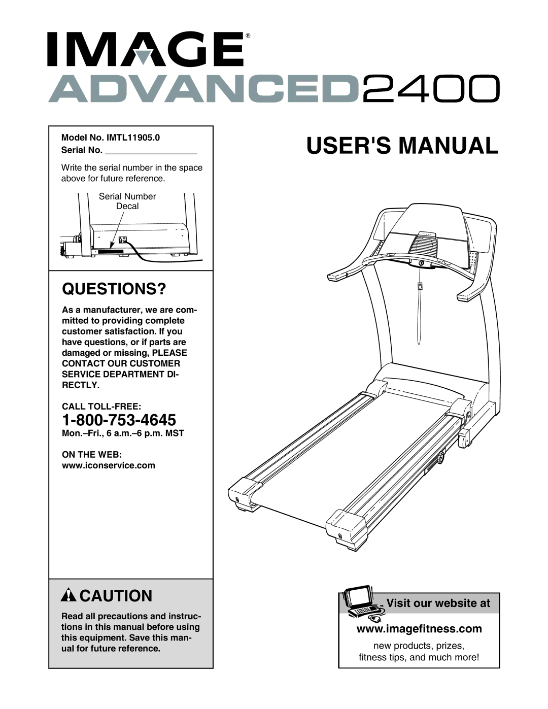 Image user manual Questions?, Model No. IMTL11905.0 Serial No, Call TOLL-FREE, Mon.-Fri., 6 a.m.-6 p.m. MST, On the WEB 