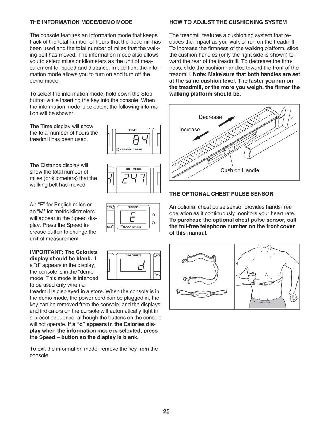 Image IMTL11905.1 user manual Information MODE/DEMO Mode, HOW to Adjust the Cushioning System, Optional Chest Pulse Sensor 