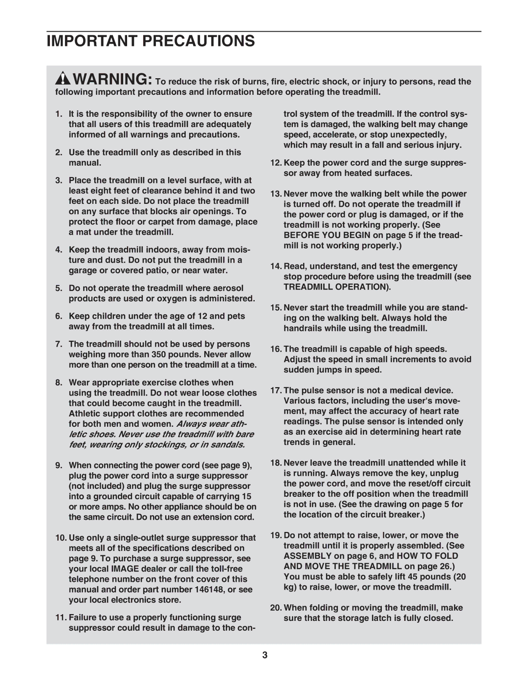 Image IMTL11905.1 user manual Important Precautions, Treadmill Operation 