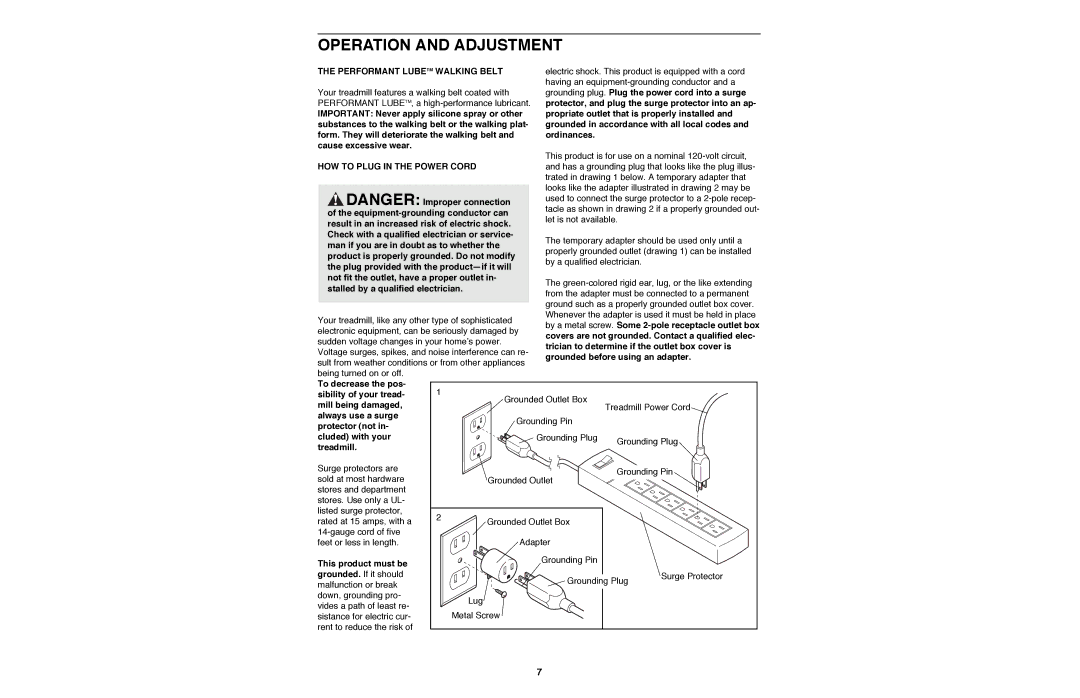 Image IMTL11990 user manual Operation and Adjustment, Performant Lubetm Walking Belt, HOW to Plug in the Power Cord 