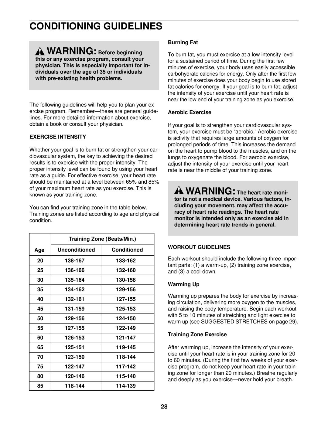 Image IMTL12901 user manual Conditioning Guidelines, Exercise Intensity, Workout Guidelines 