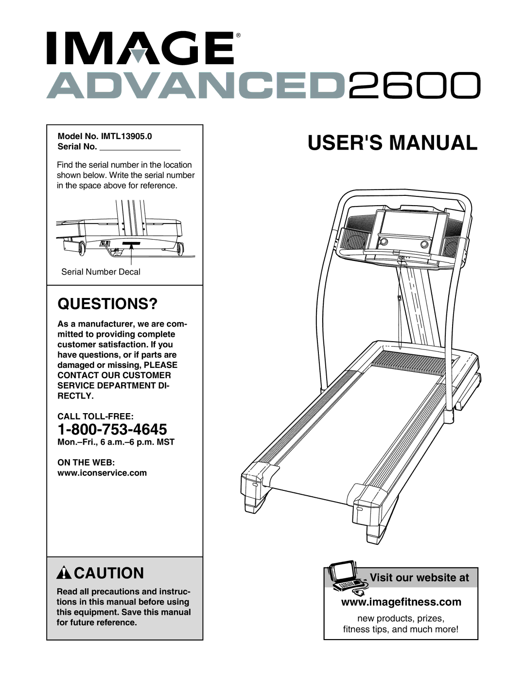 Image user manual Questions?, Model No. IMTL13905.0 Serial No, Call TOLL-FREE, Mon.-Fri., 6 a.m.-6 p.m. MST, On the WEB 