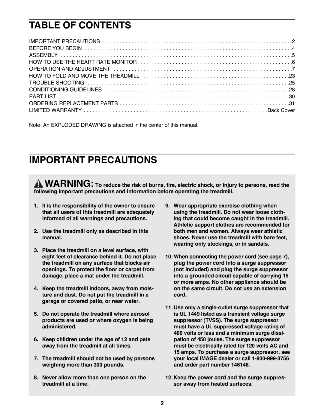 Image IMTL13991 user manual Table of Contents, Important Precautions 