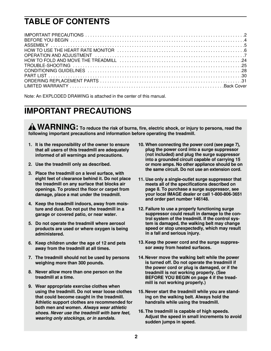 Image IMTL19901 user manual Table of Contents, Important Precautions 