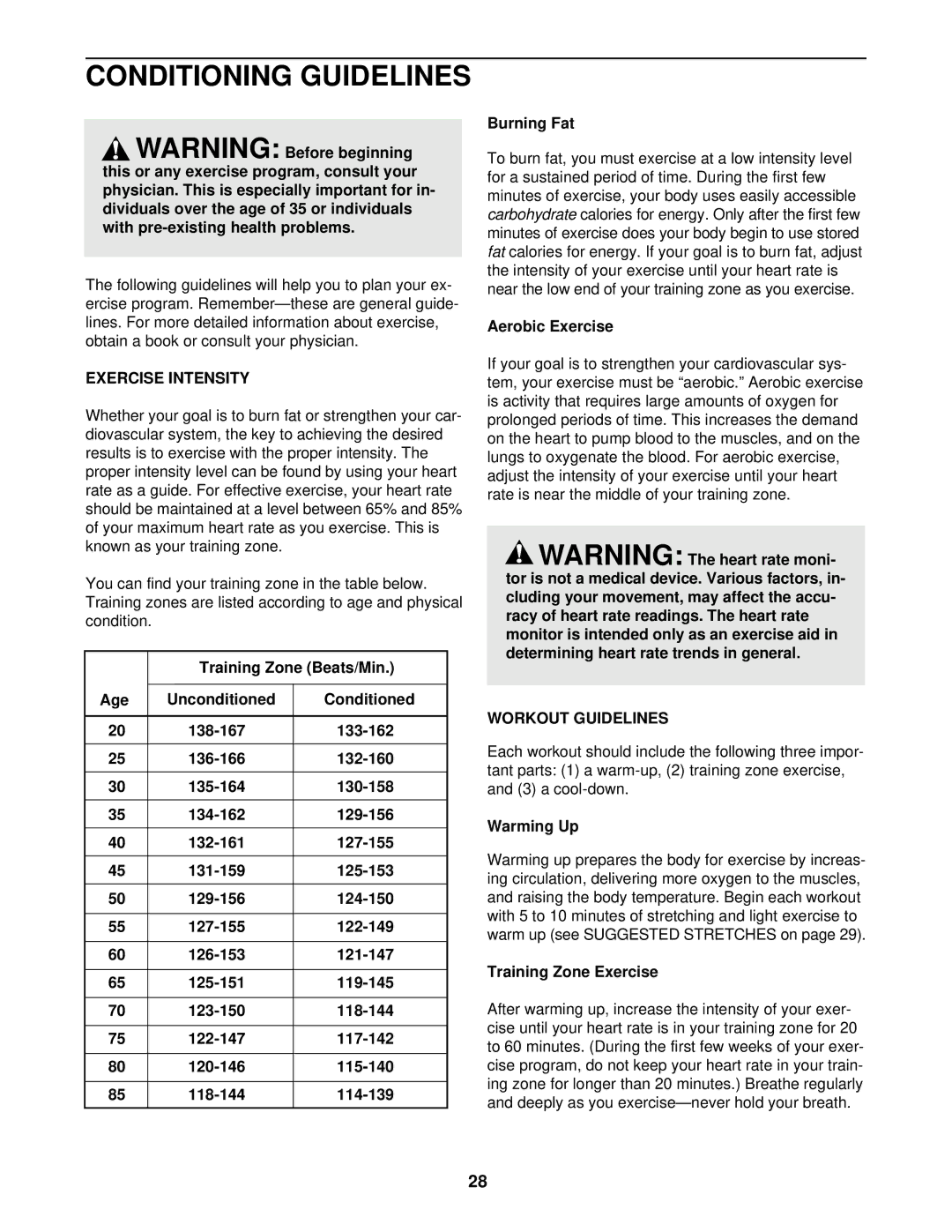 Image IMTL19901 user manual Conditioning Guidelines, Exercise Intensity, Workout Guidelines 